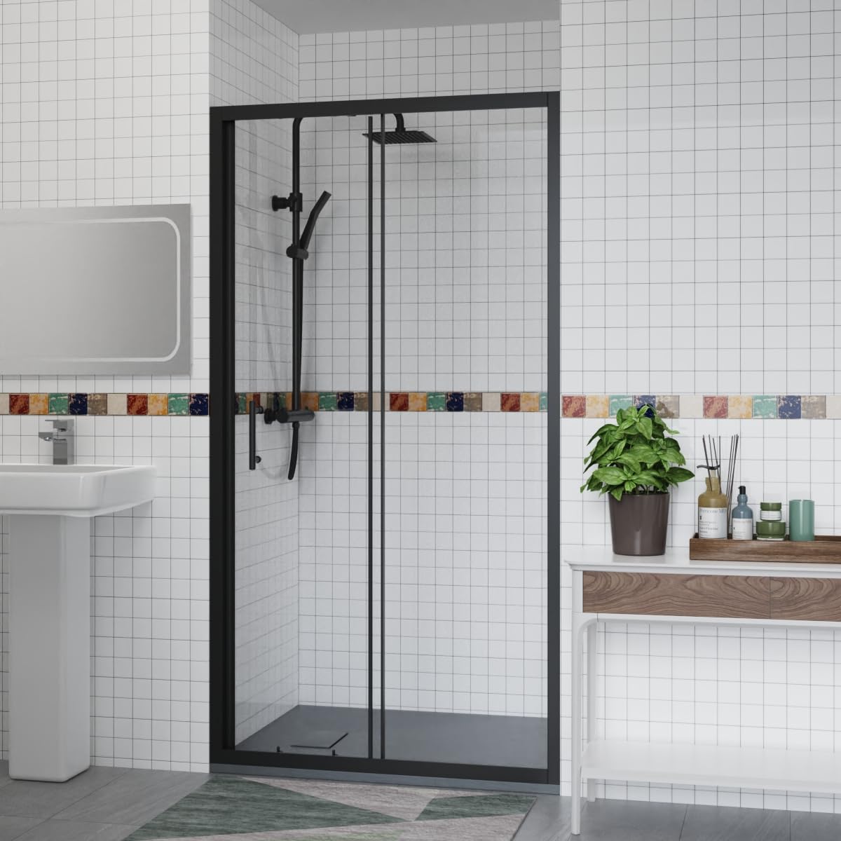 Aquariss 1100x800mm Sliding Shower Enclosure Black with Shower Tray