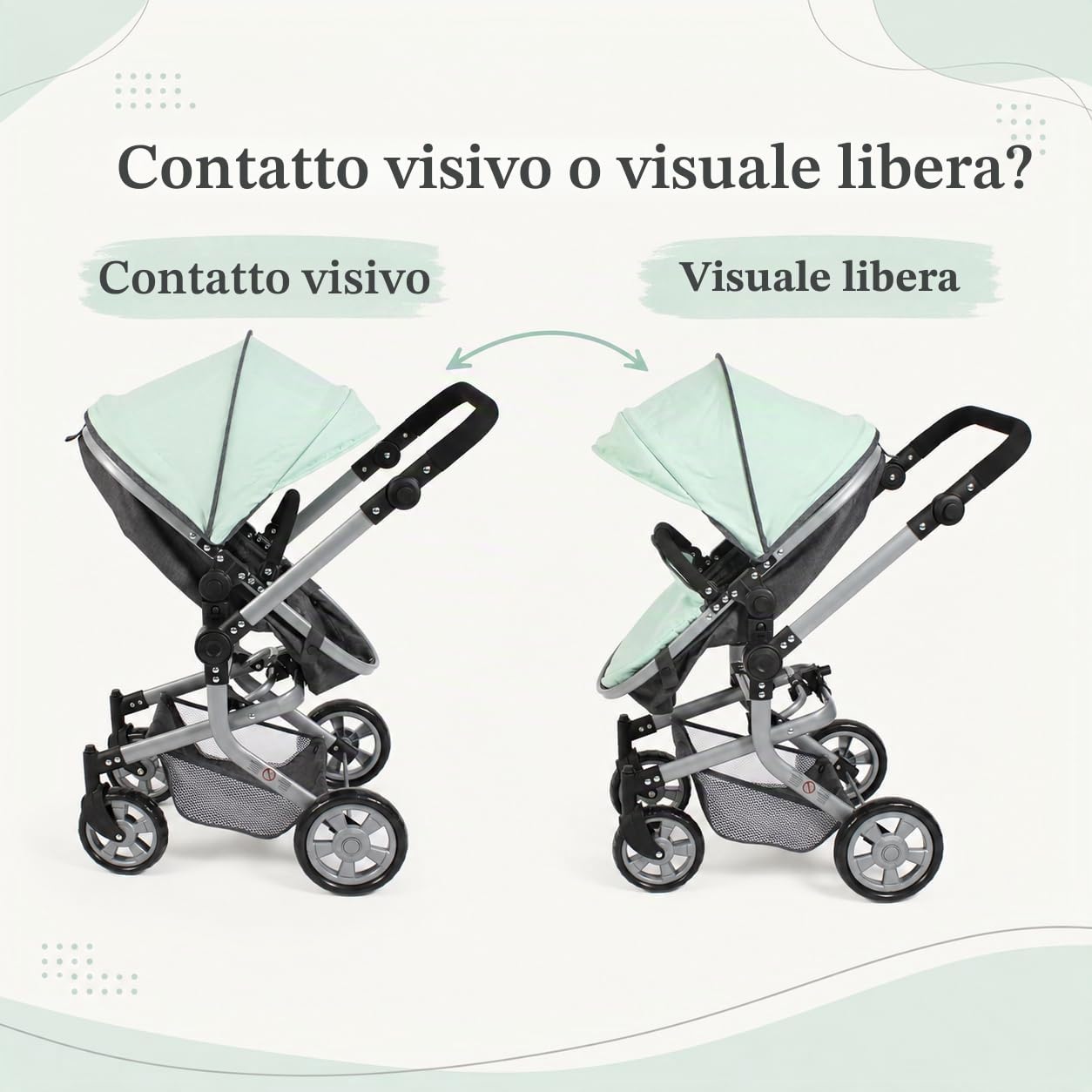 Bayer Chic 2000® Passeggino per bambole Mika 2 in 1, Melange Minta, pieghevole, manico regolabile in altezza 47-80 cm, telaio moderno, bambole fino a 52 cm, 4-8 anni