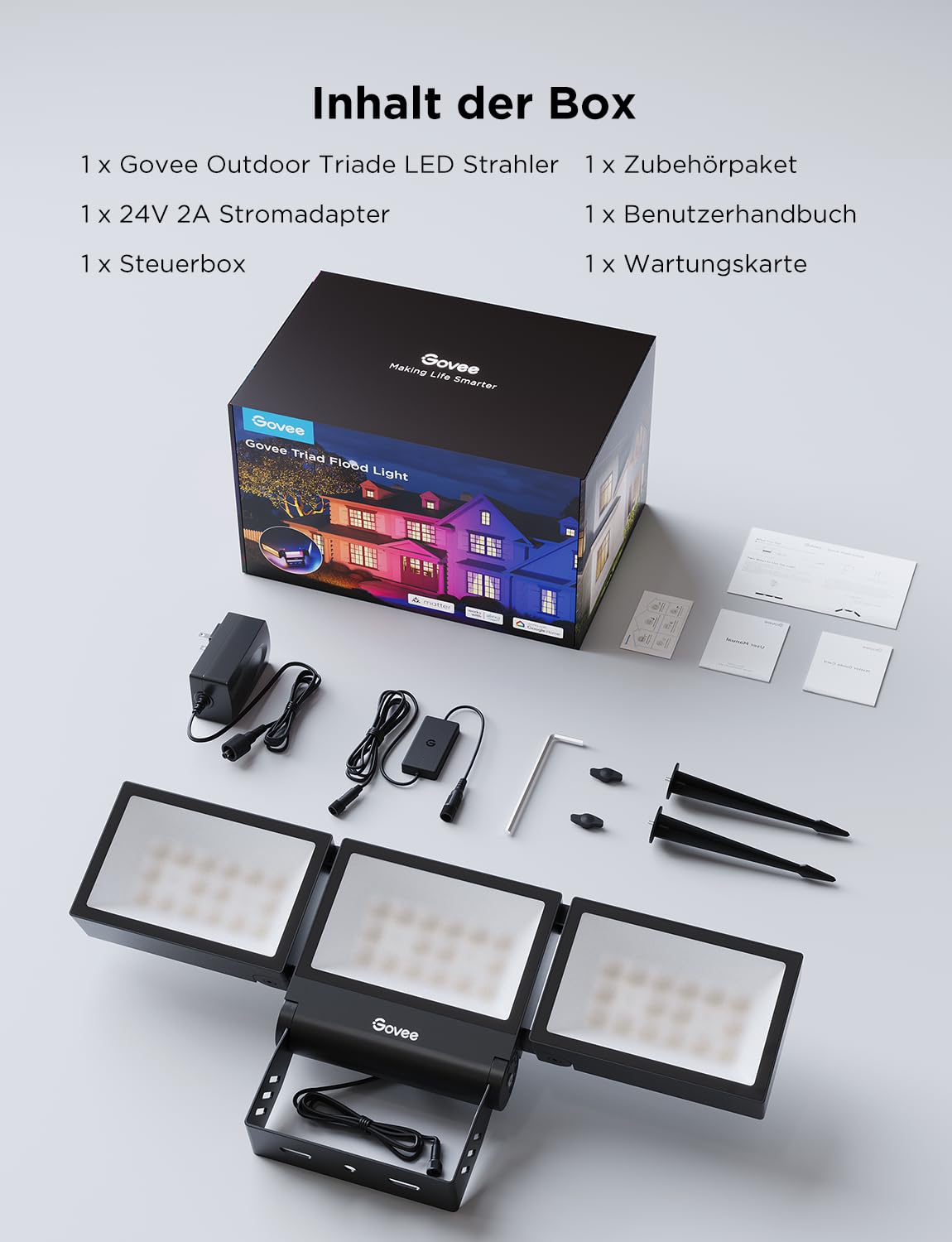 Govee Outdoor Triade LED Strahler, Verstellbar 4500LM Fluter Außen RGBICWW | Smart Flood Lights Funktioniert mit Matter, Alexa & Google Assistant, IP66 Wasserdicht Aluminiumlampe für Garten Sicherheit
