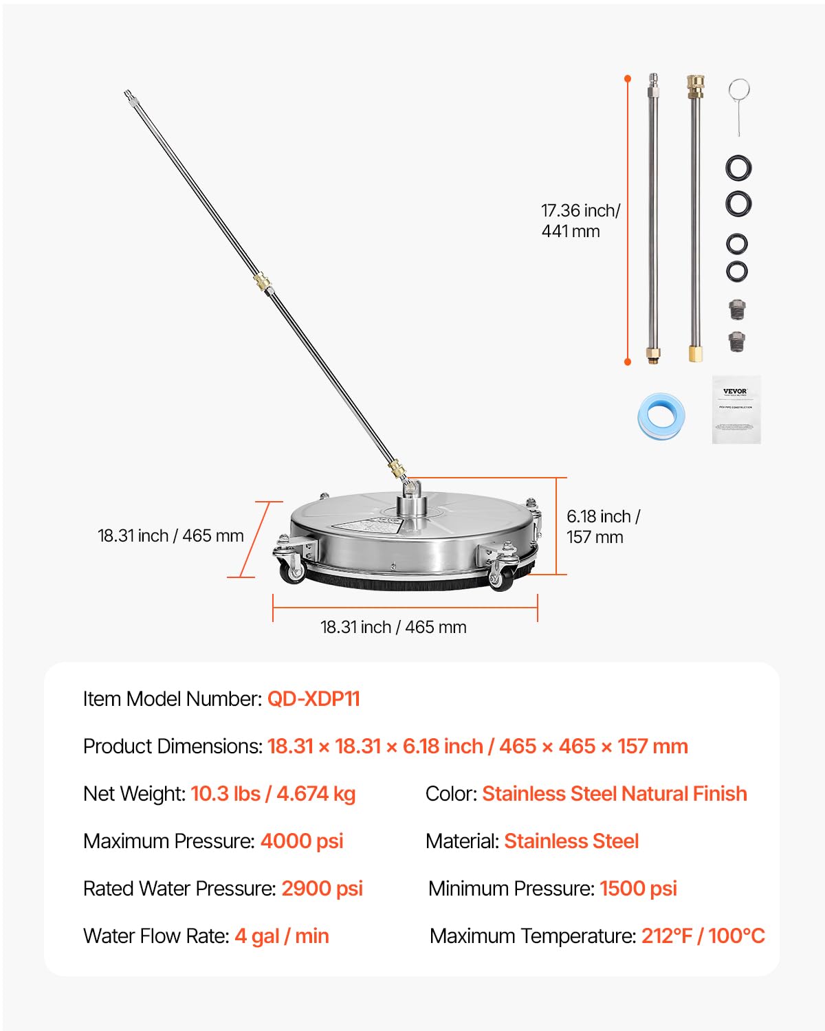 VEVOR Nettoyeur de Surface pour Nettoyeur Haute Pression 465 mm, Accessoire Nettoyeur Sol en Acier INOX sur Roues, 275 Bar Max. connecteur 0,635 cm 2 Buses pulvérisation 2 tiges Extension, pour béton