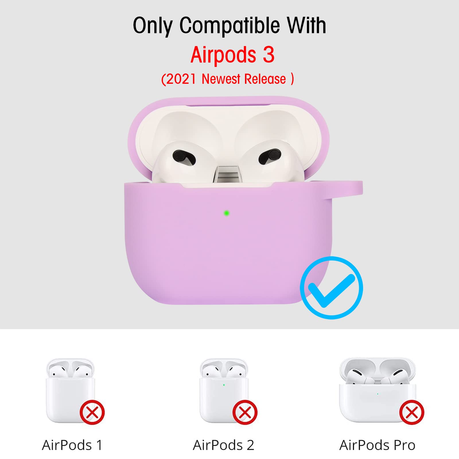 Coque Étui Protecteur Compatible avec AirPods 3, Housse de Protection en Silicone Anti-Choc, Souple, Antidérapant Etui de Protection pour Airpods 3ᵉ Génération avec Mousqueton, Light Purple - 2