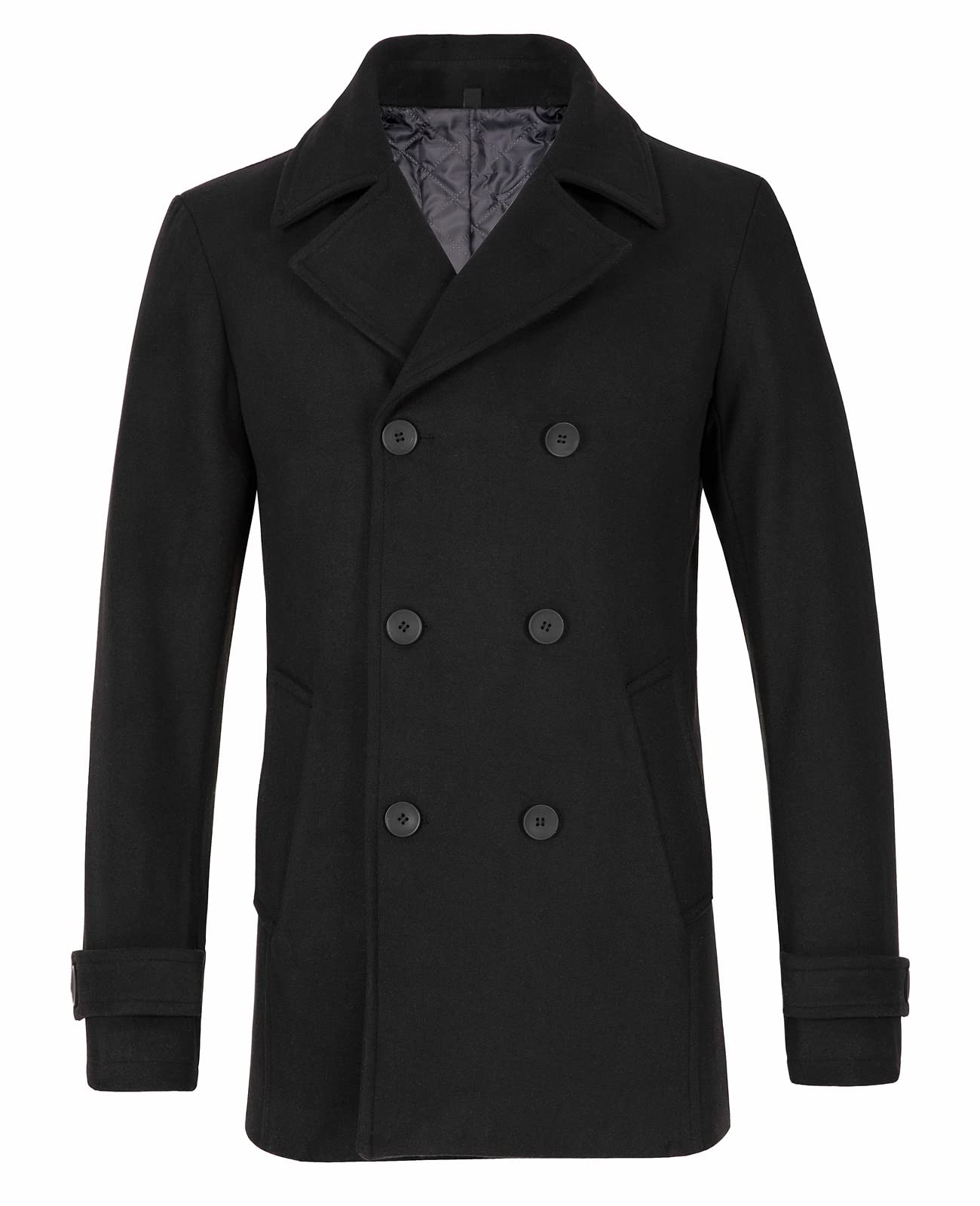 Mens Classic Double Breasted Pea Coat Wool Blend Quilted Lined Notched Collar Overcoat Trench Coat-image-20