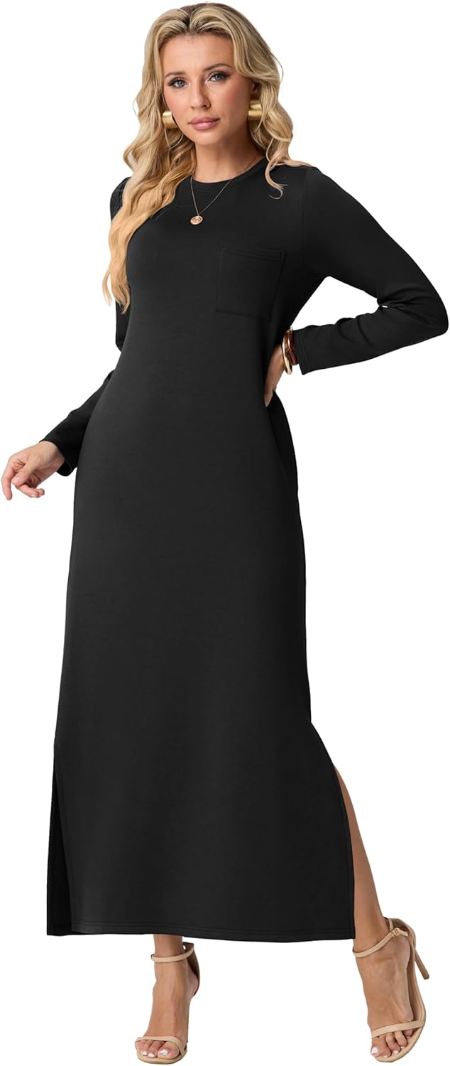 GRECERELLE 2026 Women Spring Fall Casual Round Neck Long Sleeve Loose Split Wrinkle-Free Long Maxi Dress with Pockets - Image 4
