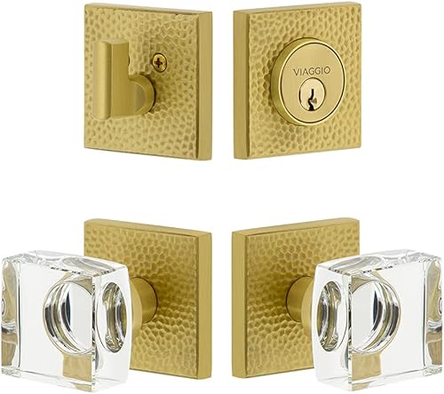 Viaggio 628755 Hammered Rosette 2-38 Backset with Quadrato Crystal Knob and Matching Deadbolt in Satin Brass Entry Set