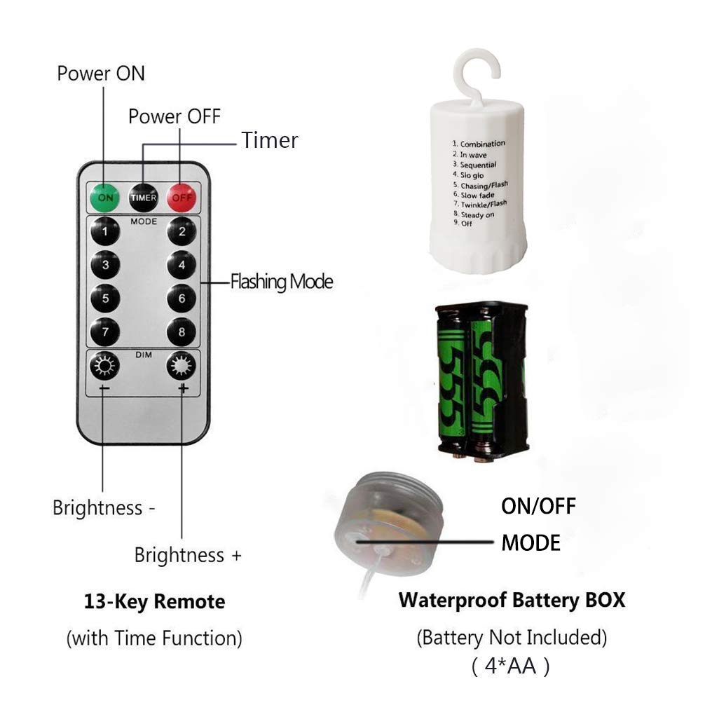 PXB Hängeleuchte, 200 LEDs, batteriebetrieben, 8 Modi, dimmbar, Kupferdraht, Feuerwerk-Lichterkette 2 Pack Battery Operated warmweiß