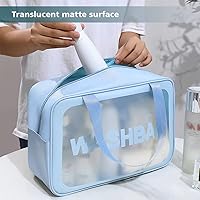 Vista 5 de Neceser de viaje para mujeres y hombres, bolsa de ducha translúcida mate con asa práctica, bolsa organizadora de cosméticos de maquillaje para Azul
