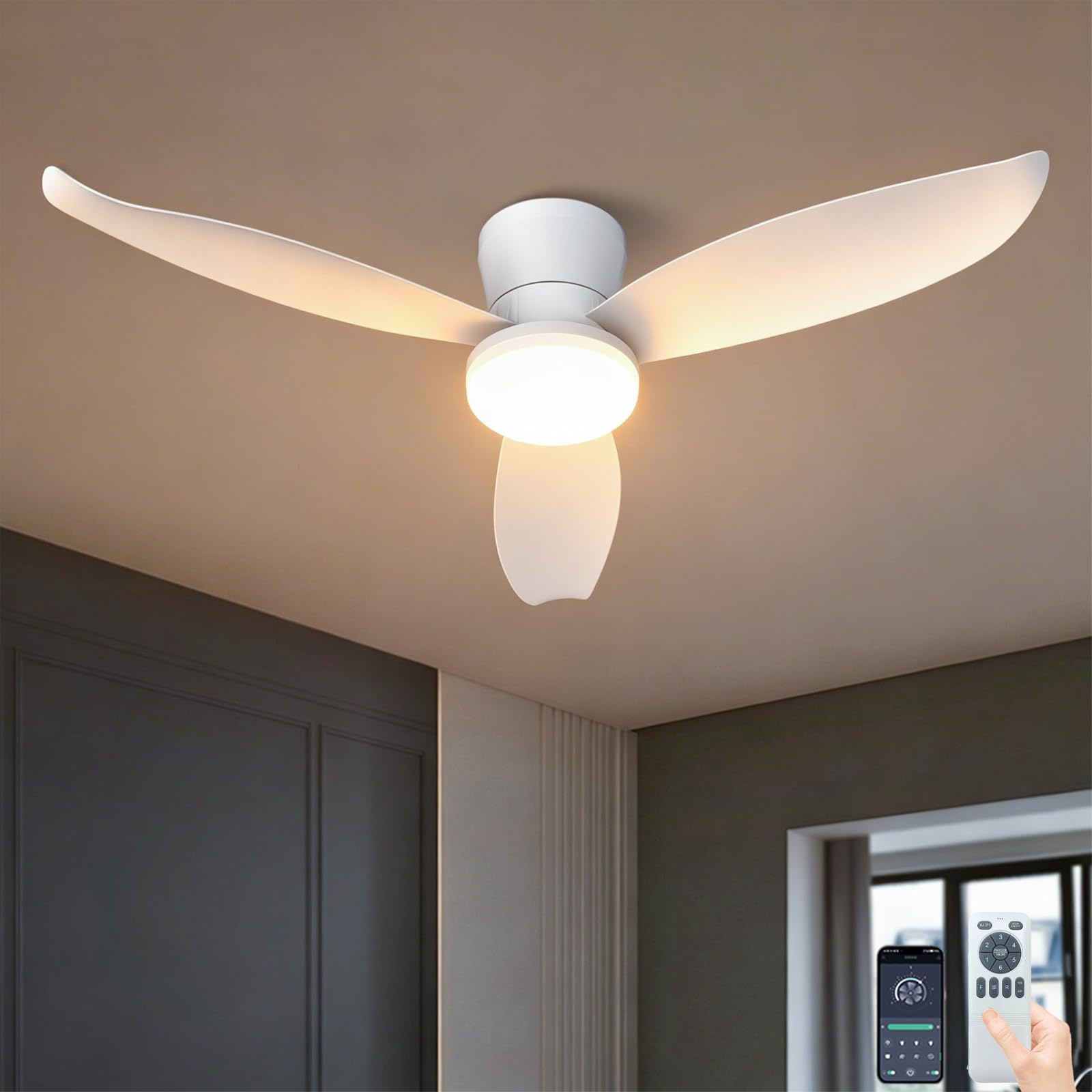 Fachae Imitation Wood Fan Light Ceiling for Bedroom Living Room Kitchen 42in,48W LED Dimmable Fan Lamp with Remote & APP,3000K-6000K,6 Speeds & Timers,Detachable Compact Ceiling Fan Light with Remote