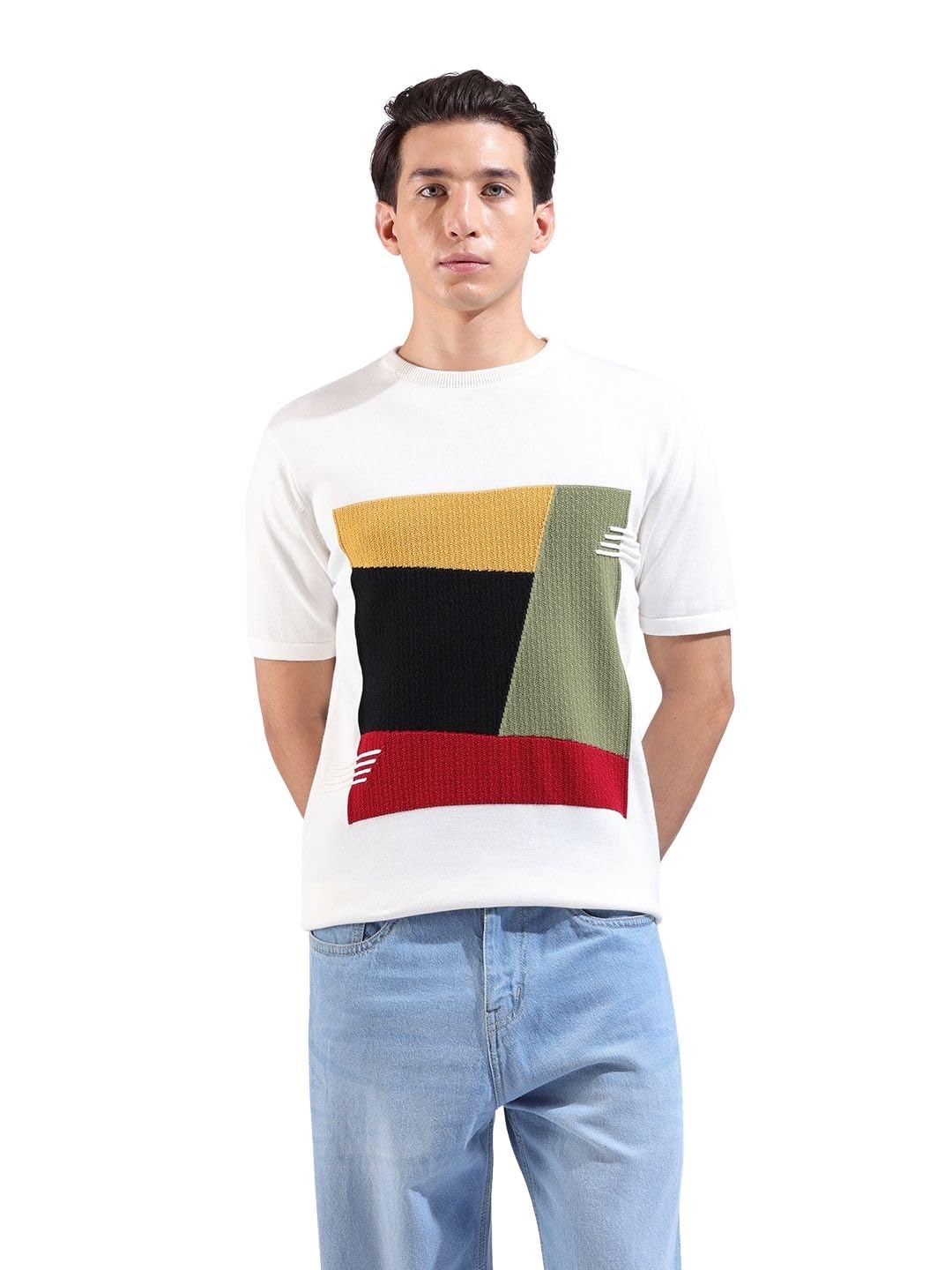 The Indian Garage Co Men Slim Fit Textured Flatknit Half Sleeve Crew Neck T-Shirt-picture-26