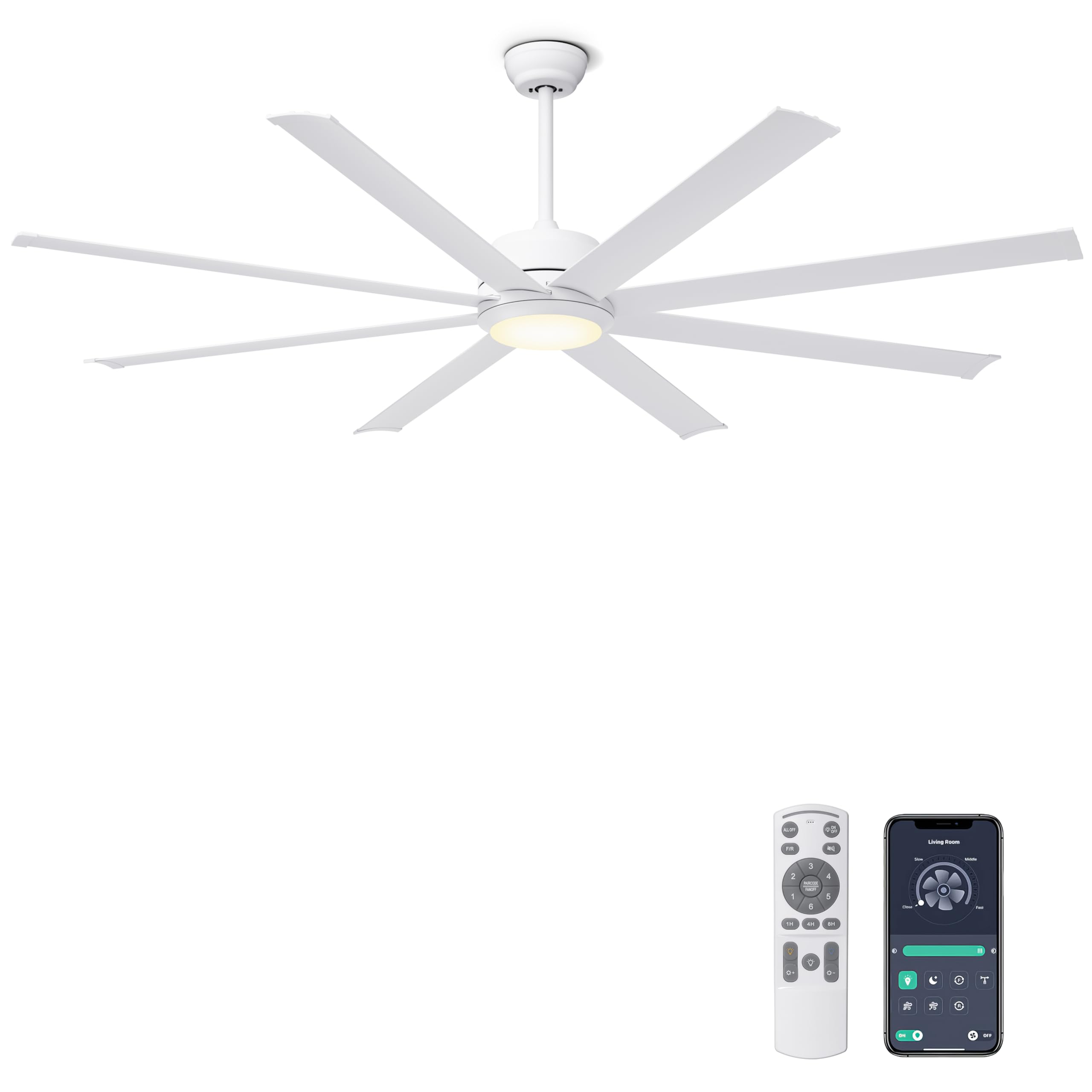 Ohniyou 72‘’ Ceiling Fans with Lights - Large Industrial Ceiling Fan with Remote & APP Control, Dimmable, DC Motor, Outdoor Ceiling Fan for Patio Living Room, White