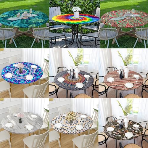 BOOWEATS Boho 42 Inch Round Fitted Cloth Tablecloth with Elastic Edged, Waterproof Oil Proof Wipeable Table Cover for Indoor Outdoor Patio Table, Fits Round Tables Up to 40" - 44" Diameter - image 7