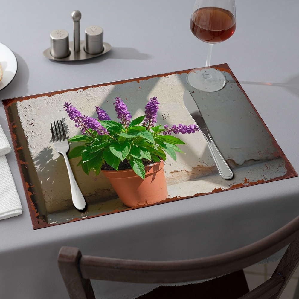 Sets de table lavables motif plante en pot fleurs violettes sur fond mur blanc lot de 6