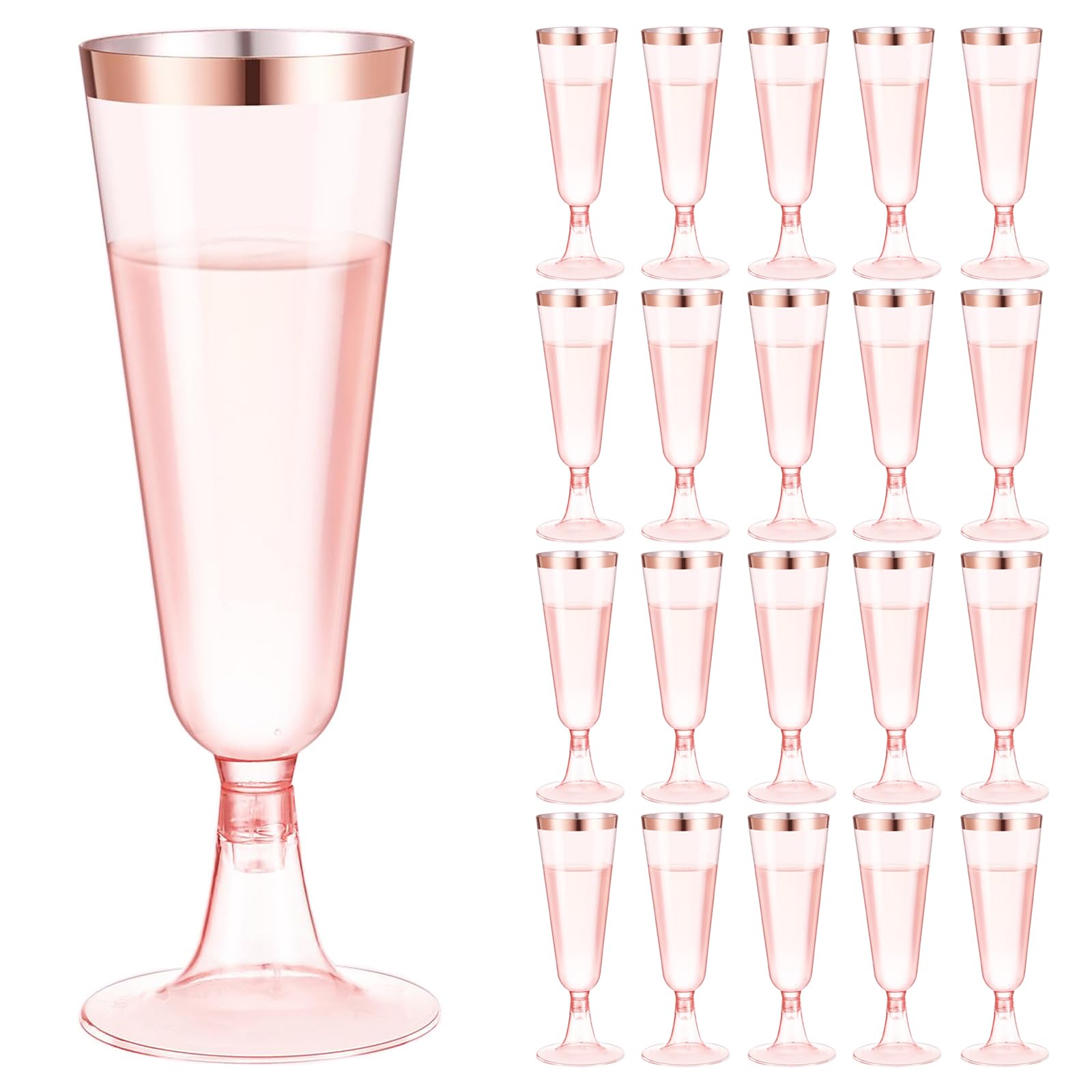 20 bicchieri da champagne in plastica, 150 ml, con bordo in oro rosa e brillantini, riutilizzabili, per compleanni, matrimoni, feste, picnic, attività all'aperto (oro rosa)