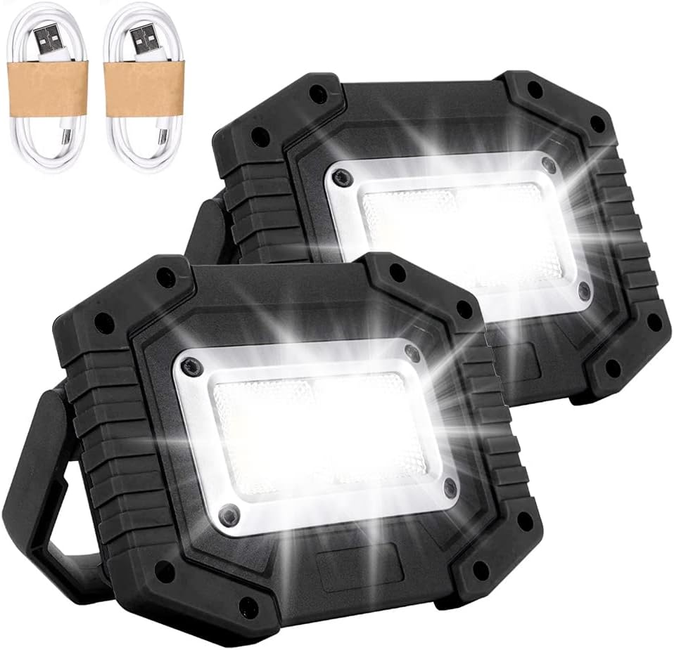 Trongle LED Rechargeable Work Lights, 30W Floodlight Battery Security Light with 3 Modes Outdoor COB Camping Lights with USB Waterproof for Garage, Fishing, Hiking, Black, 2 Packs (Battery Included)