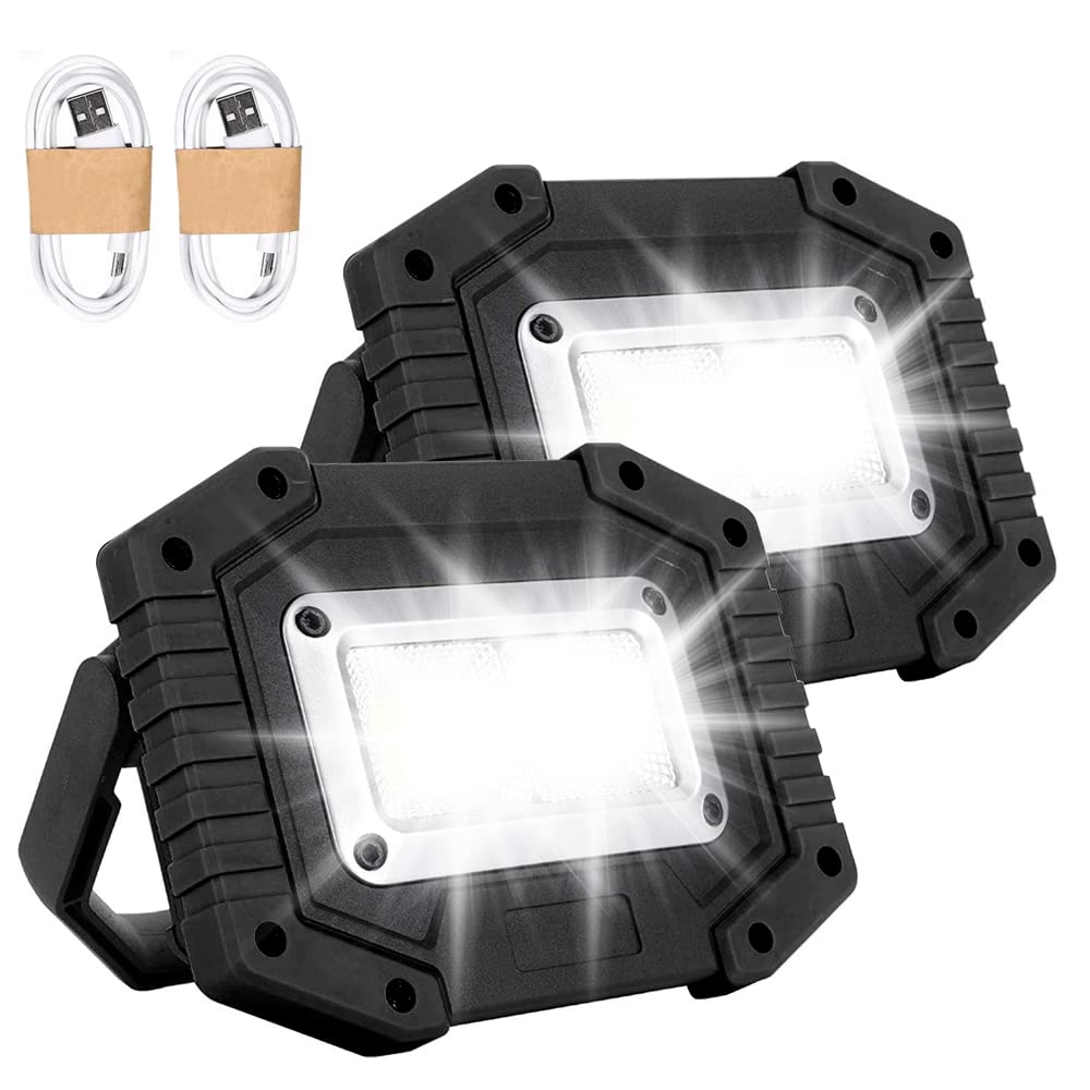 LED Rechargeable Work Lights, 30W Floodlight Battery Security Light with 3 Modes Outdoor COB Camping Lights with USB Waterproof for Garage, Fishing, Hiking, Black, 2 Packs (Battery Included)