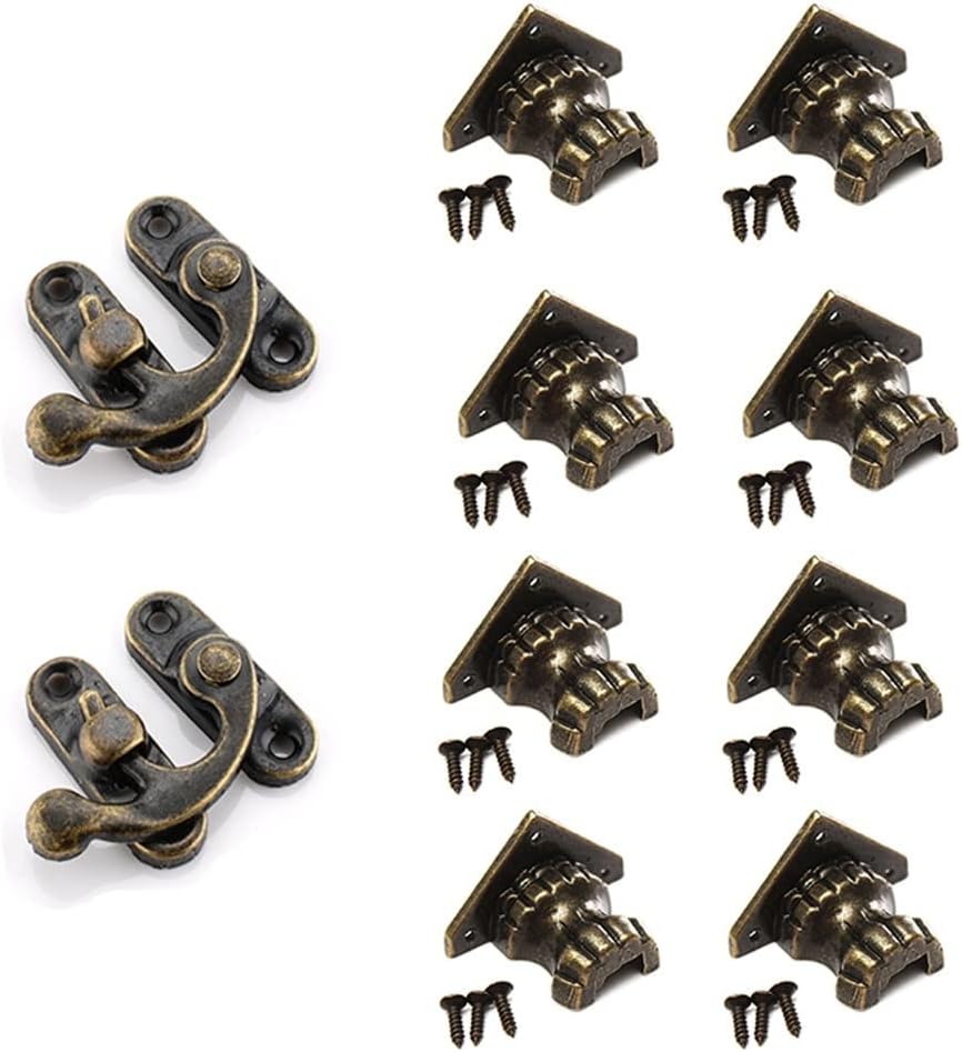 8PCS Antique Corner Protector Wood Box Feet Leg Triangle Carved Bracket 2PCS Vintage Latch Lock