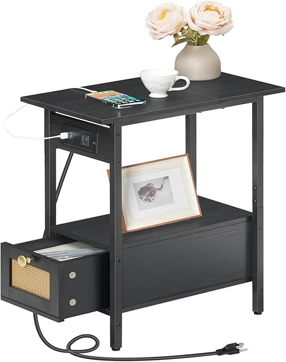 HOOBRO Side Table, Modern End Table with Charging Station, RattanStyle