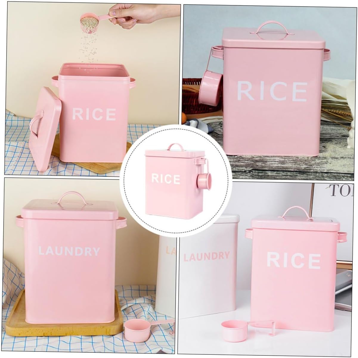 balacoo Sealed Pet Food Bucket Iron Rice Storage Bin with Airtight Lid and Measuring Cup Large Capacity Household Food Container Pink