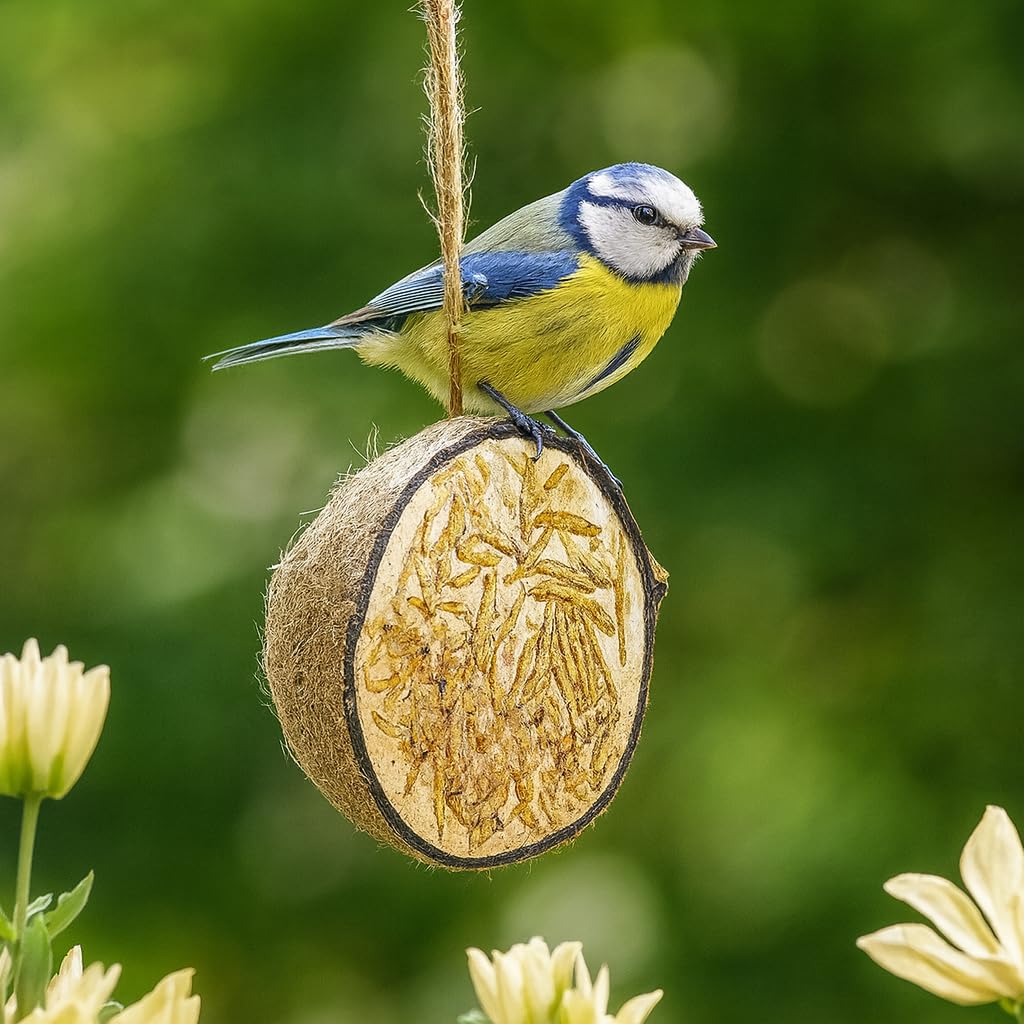 Blumixx Lot de 8 croquettes pour oiseaux en demi-noix de coco avec vers de farine – Nourriture riche en protéines pour oiseaux sauvages à suspendre toute l'année Convient pour oiseaux et écureuils