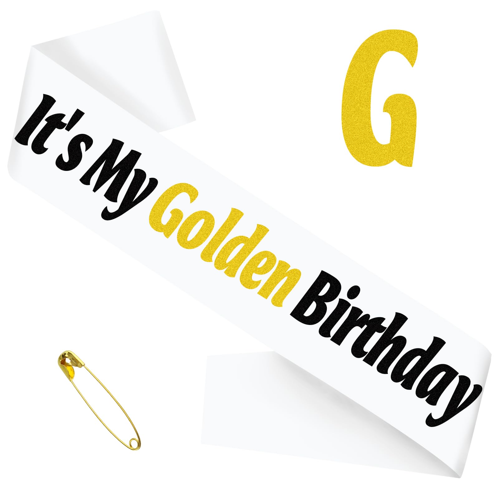 It's My Golden Birthday Sash- White Cloth with Black Gold Glitter Letters Birthday Sash for Women Men Party Favors, Golden Party Decorations Supplies
