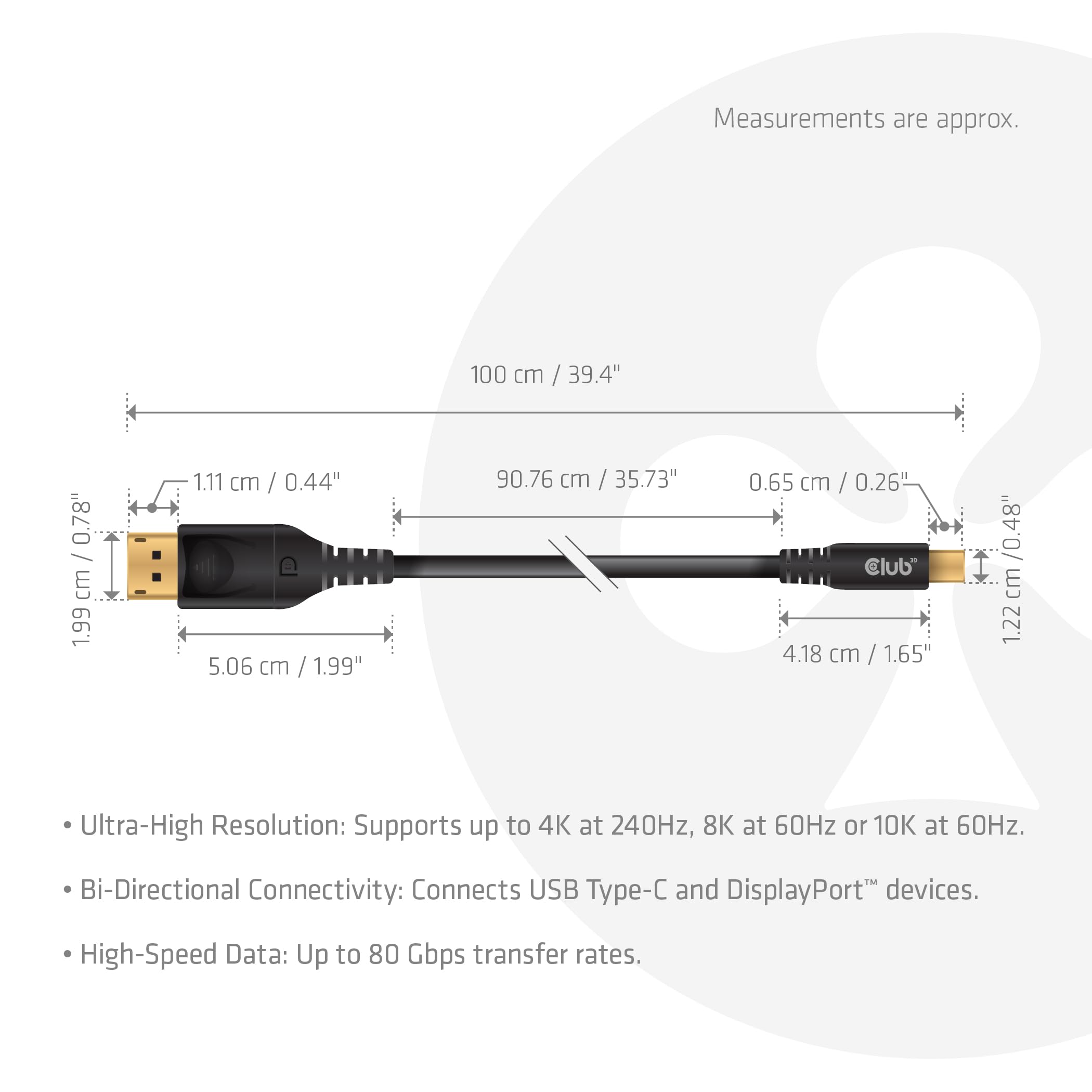 CLUB3D USB Type-C TO DISPLAYPORT DP80 BIDIRECTIONAL VESA Certified Cable 1M/3.28 FT - Kabel - Digital/Daten Cavo USB