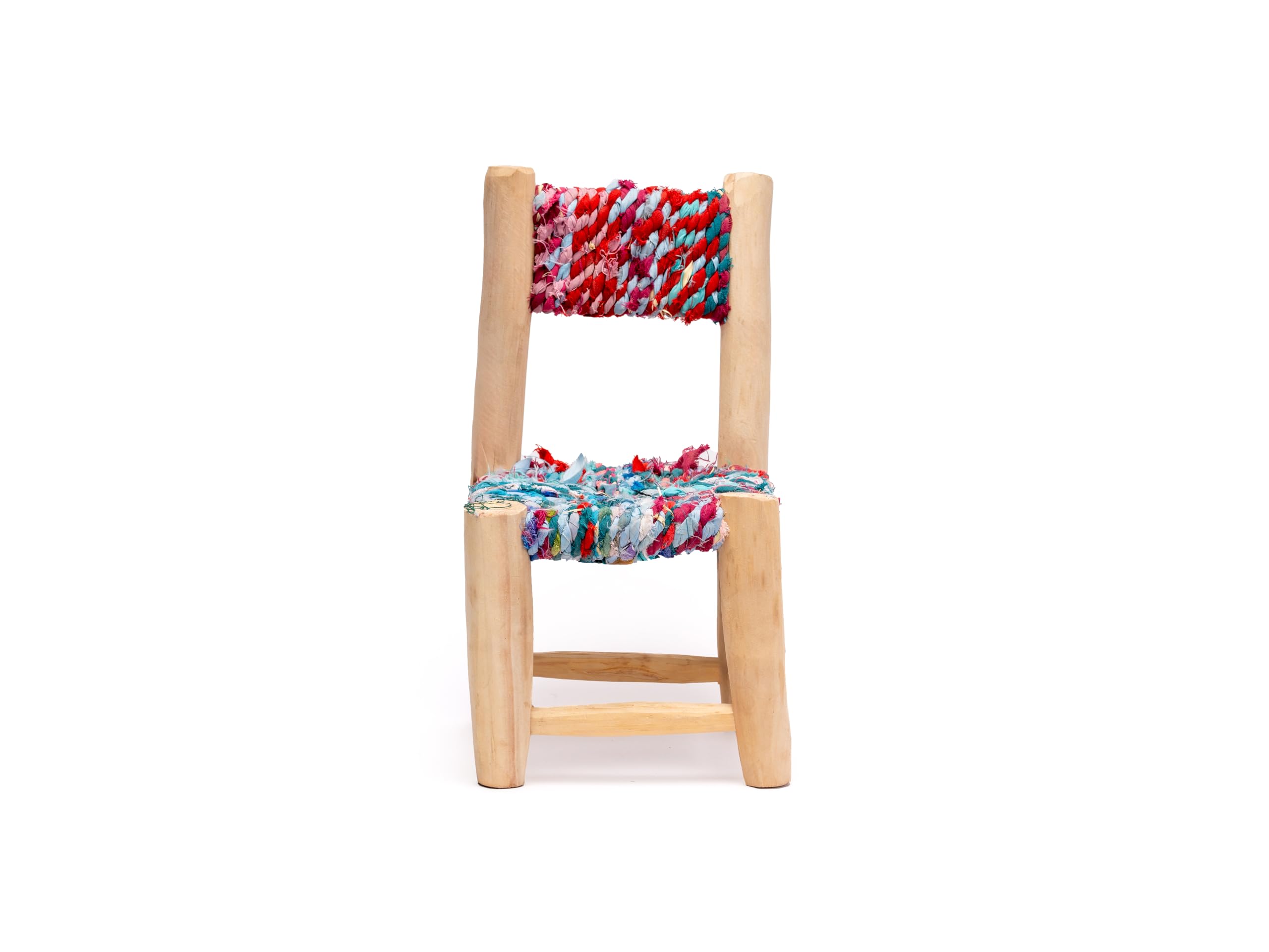 Silla Infantil de Madera Natural, Asiento Tejido Multicolor, Aprox. 44x22x22 cm, Artesanal