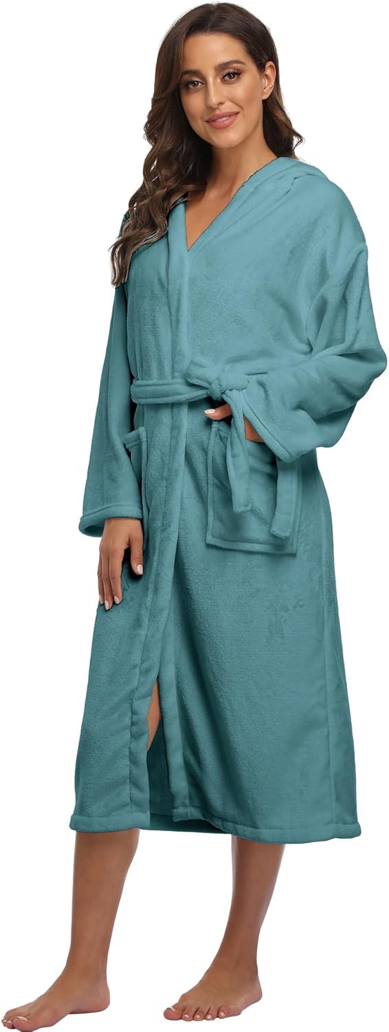 season dressing Women’s Plush Fleece Robe Cozy Warm Soft Bathrobe Long Hooded House Coat Winter Shower Spa Robe with Pockets - Image 3