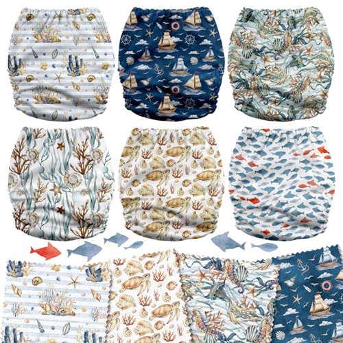 Image of Mama Koala 6 Pack Reusable Cloth Diapers 3.0 for Babies Newborn, One-Size Adjustable Baby Diaper, Durable Stitching, Back Opening for Inserts, Breathable Awj Lining, Leak Prevention-Underwater Explo..