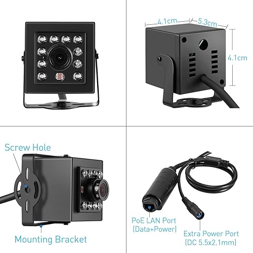 Miniatura 5 de Mini cámara de seguridad PoE de 5MP, visión nocturna IR invisible de 940 nm, lente de 0.142 in (75 FOV), 5 megapíxeles a 20 fps, cámara IP Ultra HD