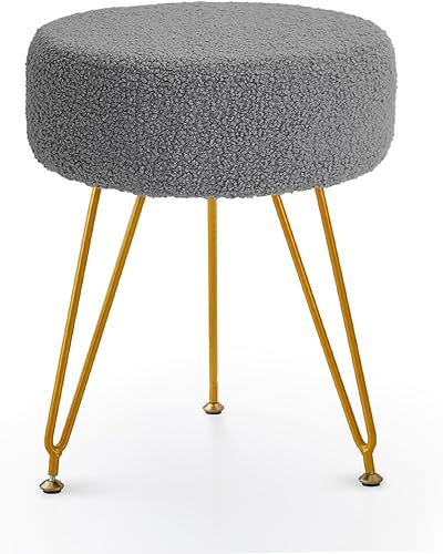 Taburete de tocador de piel sintética, taburete de maquillaje otomano peludo, taburete redondo tapizado con 4 patas de metal y pies ajustables para