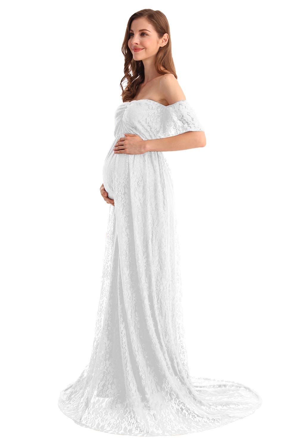 MYRISAM Damska czeska macierzyństwo bez ramion falbanka koronka suknia ślubna fotografia Maxi baby shower suknia zdjęciowa, biały, M