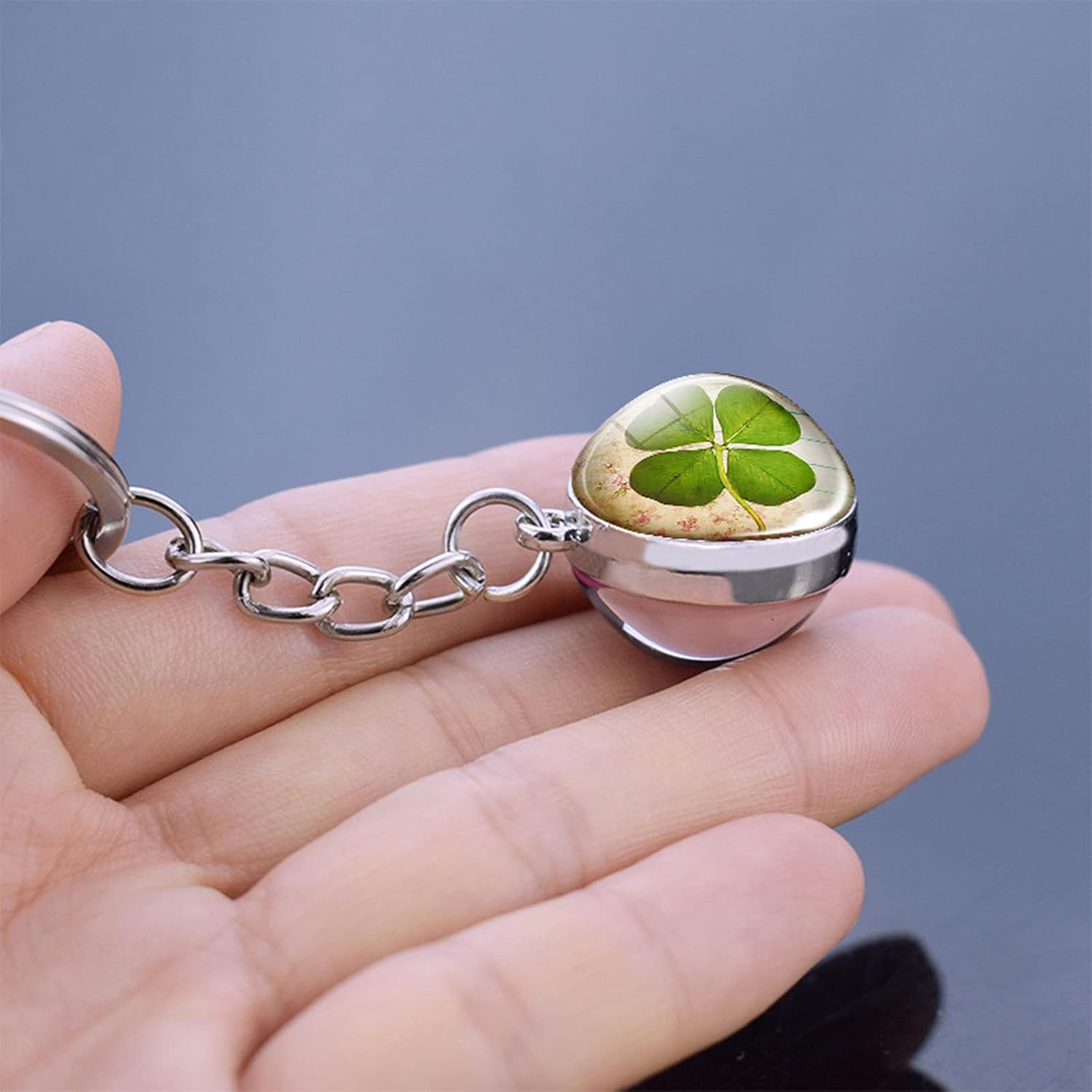 4-Blade Clover Keychain, Luminescent, Silver, Glass Ball, Modern, Adults, Men, Women, St. Patrick's Day, 20mm, 1 Count