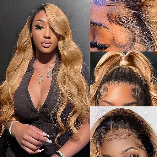 Miniatura 3 de GIQA Pelucas de cabello humano ondulado con encaje frontal de 13 x 6 pulgadas, densidad del 200%, color rubio miel, pelucas de cabello humano