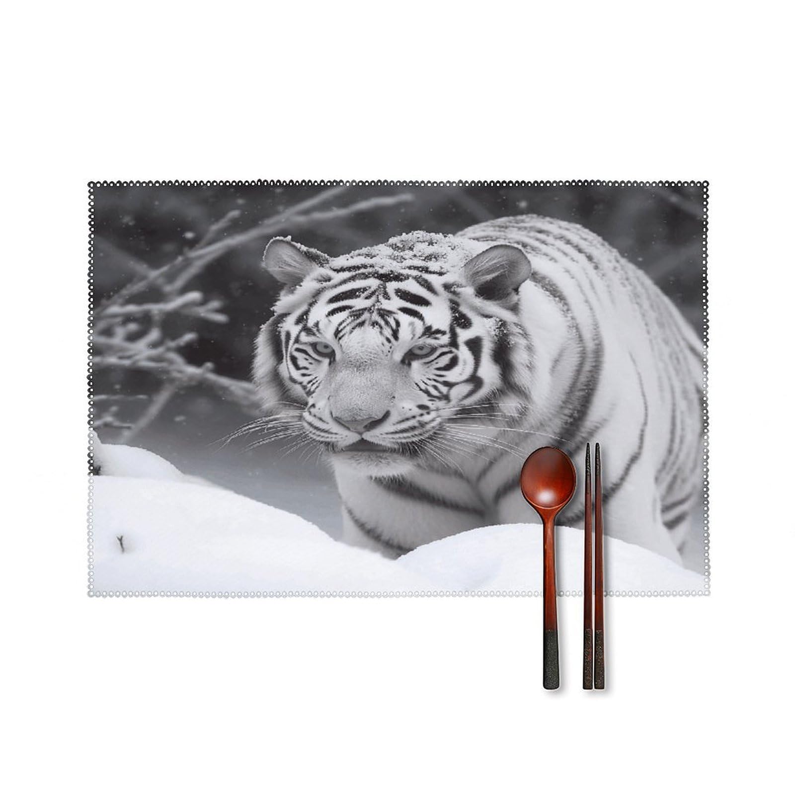 White Tiger in The Snow Placemats Set of 6 Heat Resistant Non-Slip Table Mats Washable Indoor Outdoor Place Mats Rustic Vintage Seasonal Placemat for Kitchen Dining Outdoor Party Table Decor