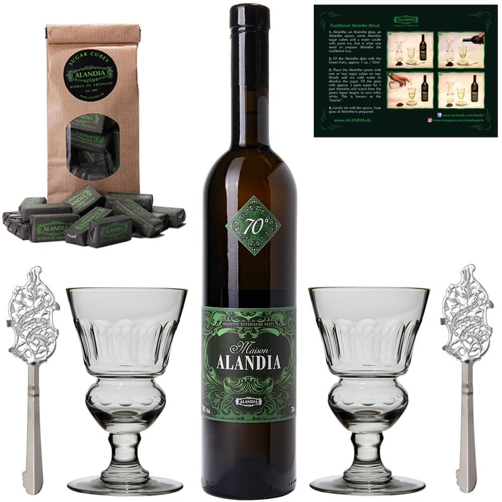 Absinth Set Maison ALANDIA | Gold prämierter Absinth aus Deutschland | Mit 16 Kräutern destilliert | 2x Gläser 2x Löffel 1x Zuckerwürfel | (1x 0,7 l)