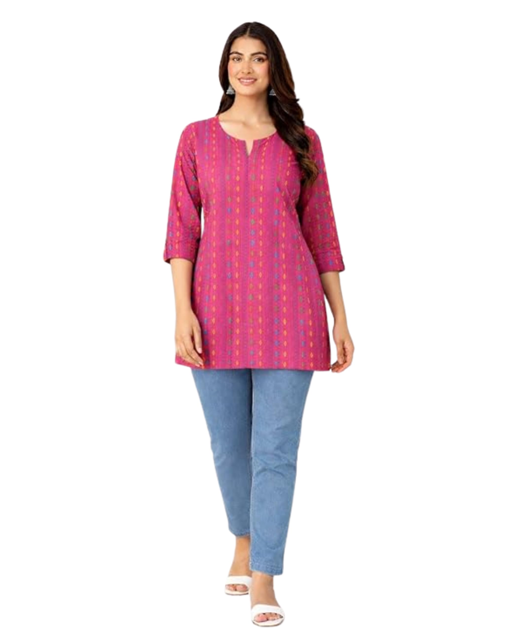 Libas Women's Printed Kurti, Blue, Three-Quarter Sleeves, Round Neck, Straight Fit, Casual and Office Wear in blue