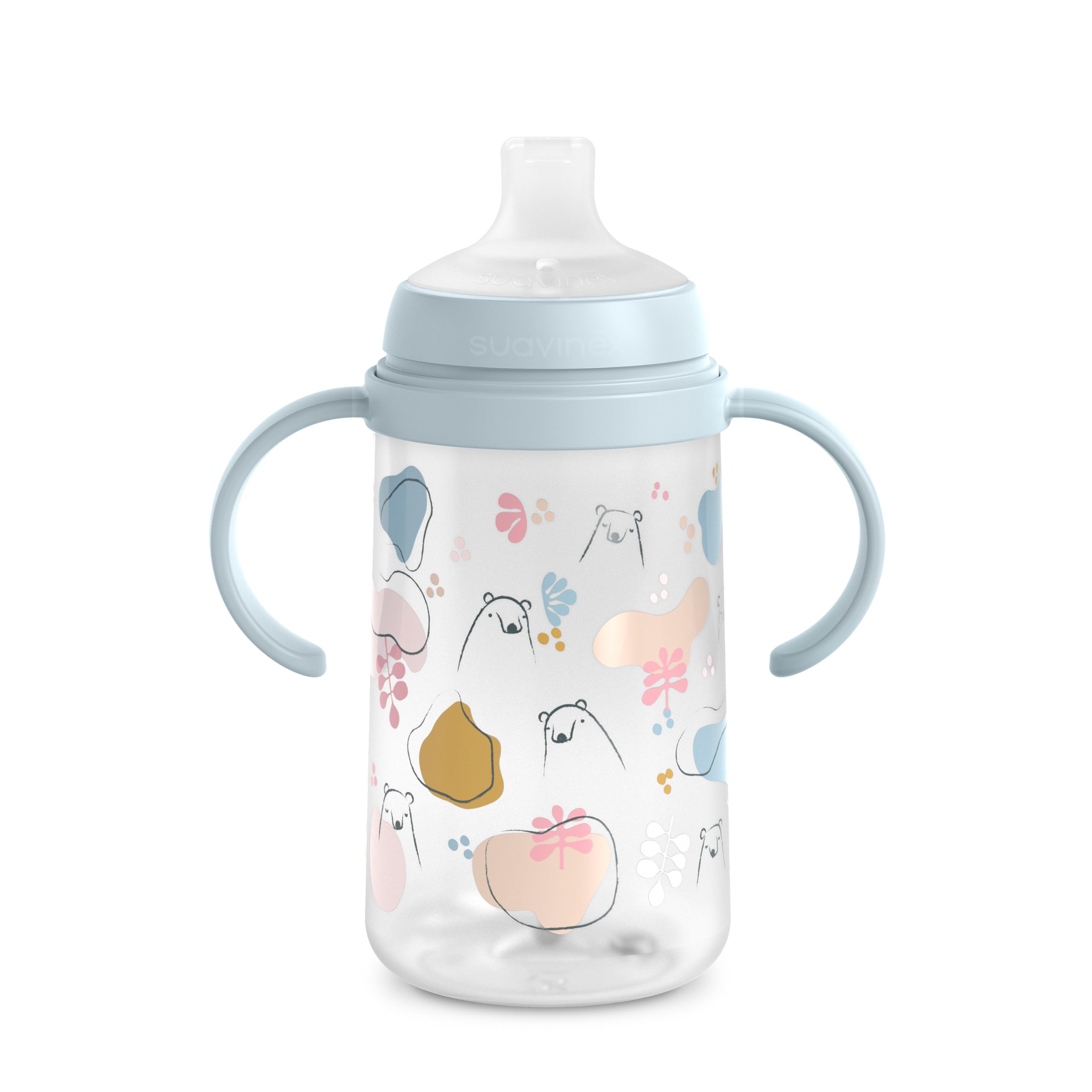 Suavinex, Biberon con manici e beccuccio in silicone, anti-coliche, tappo protettivo, bicchiere antigoccia, 270 ml, per bambini +6 mesi, lavabile in lavastoviglie, My Family Blu