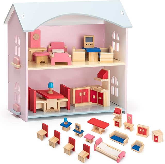 Wooden Dolls House with Furniture and Accessories - 22 pieces Playset include Bedrom kitchen living room, Colourful Toys Gift for 3+ years old Girls