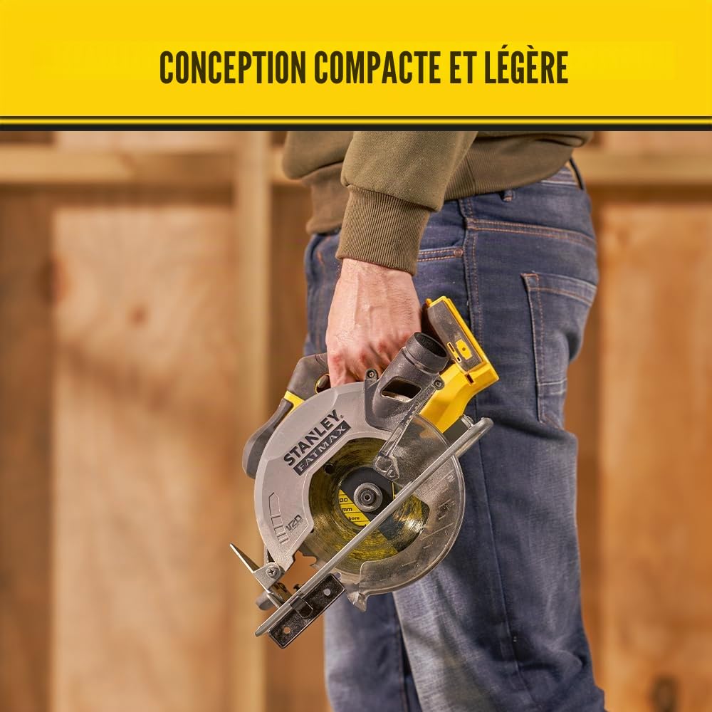 Stanley FATMAX Scie circulaire Sans Fil 18V Lithium Ion Moteur Brushless 165mm Vitesse 4000 trs/mn Coupes biaises jusqu'à 50° Sans Batterie Ni Chargeur Gamme FATMAX V20 SFMCS500B-XJ