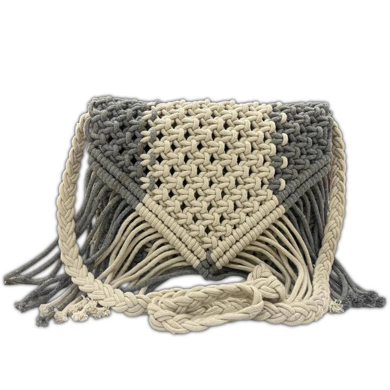 Maresse Bohemian Macrame Sling Bag - Handcrafted Grey & Cream Boho Purse with Fringe - Chic Eco-Friendly Shoulder Bag - Handmade Knitting & Weaving Boho Bag for Women, Grey, M