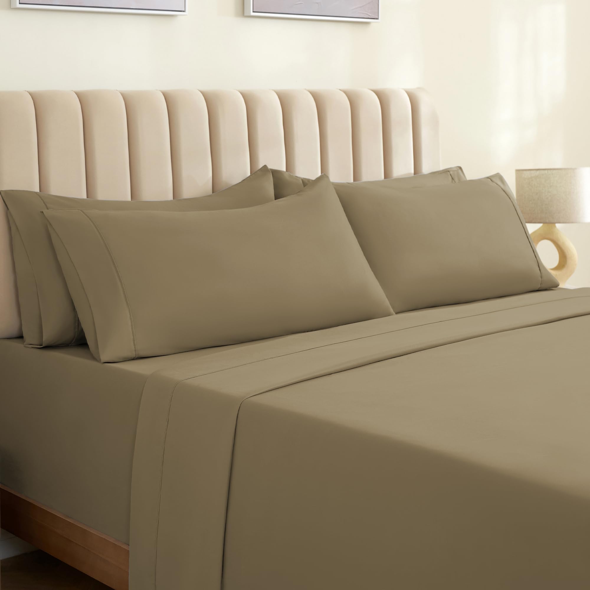 LuxClub6 PC King Sheet Set, Breathable Luxury Bed Sheets, Deep Pockets 18" Wrinkle Free Cooling Bed Sheets Machine Washable Hotel Bedding Silky Soft - Taupe King