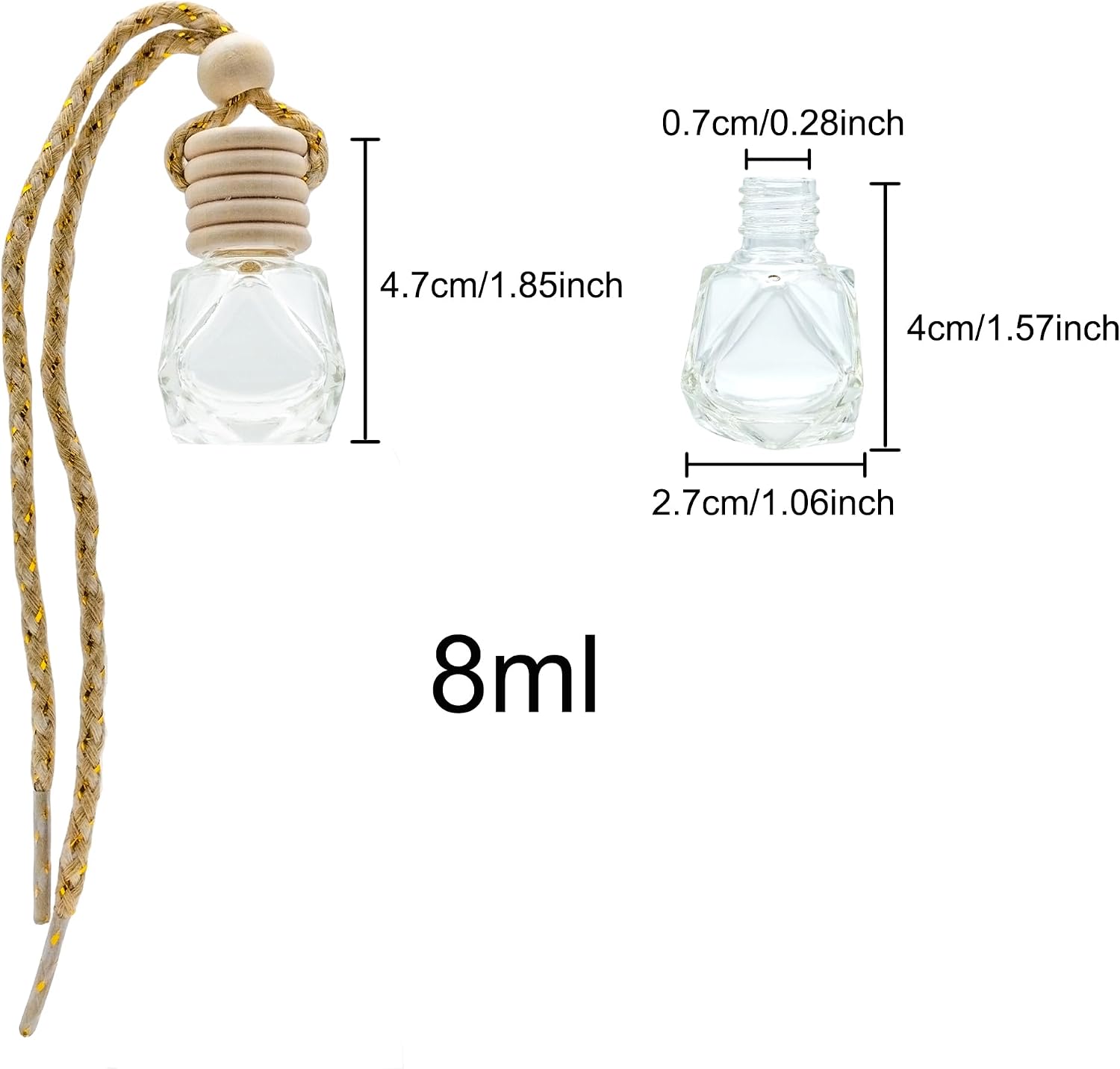 10 Pcs 8ml Hanging Car Air Freshener Perfume Bottle, Diamond Shape Refillable Aromatherapy Fragrance Clear Empty Essential Oil Diffuser Pendant Auto Ornaments Decor Accessories with Wooden Caps