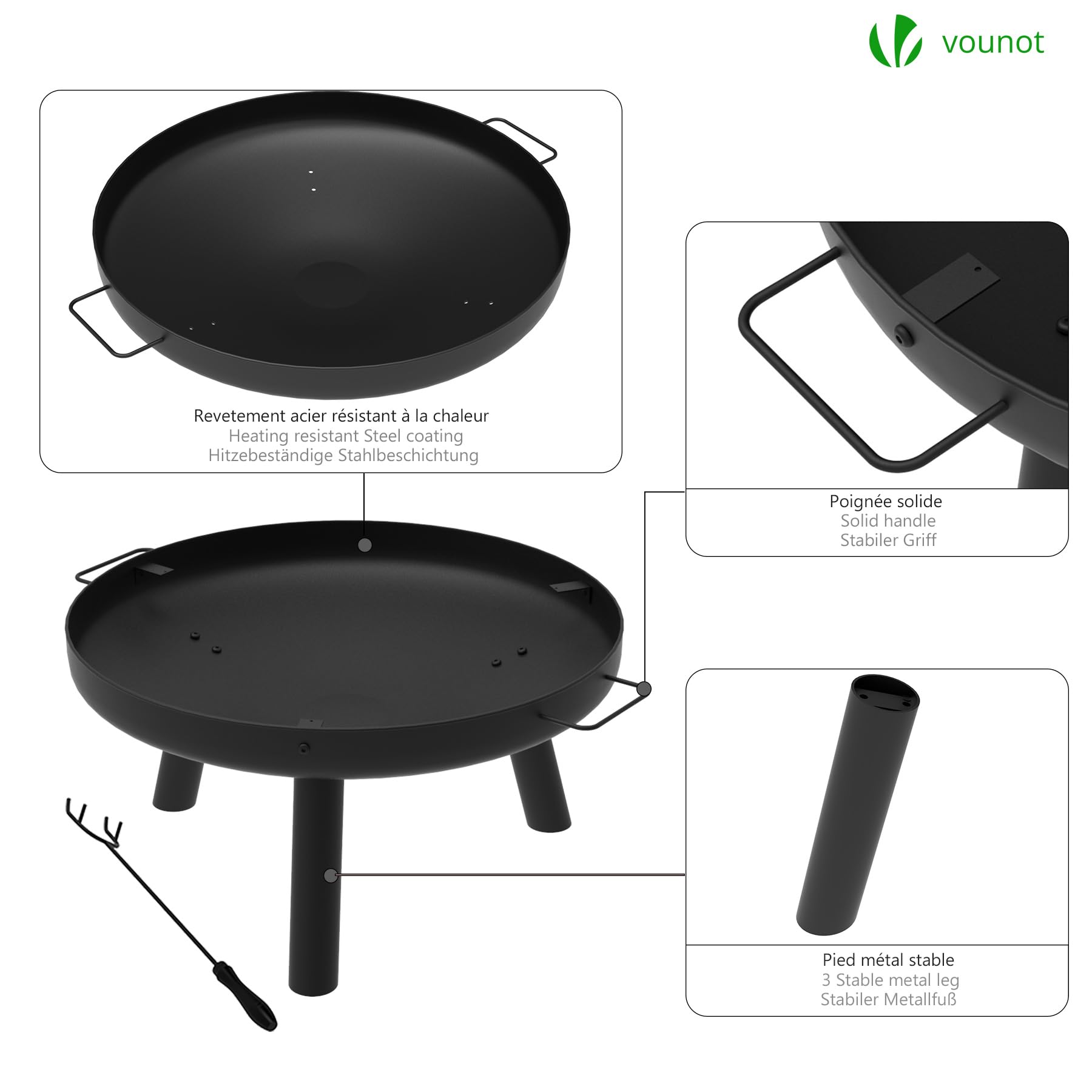 VOUNOT Braciere da Giardino Ø60 cm Metallo con Griglia e Attizzatoio, Rotondo a Legna, Nero