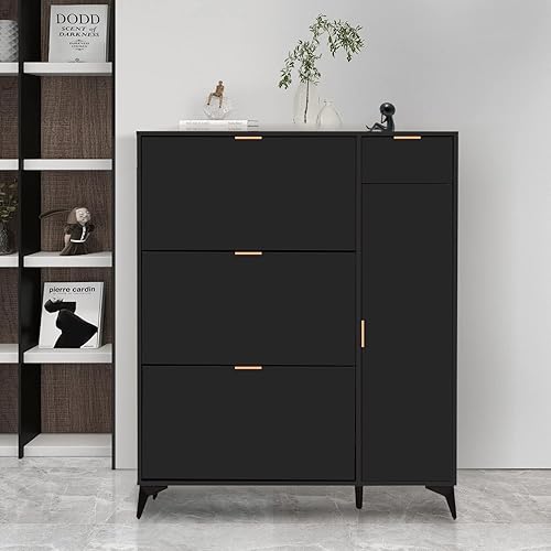 Miniatura 8 de ARTETHYS Armario de almacenamiento de zapatos delgado con puerta, armario de zapatos estrecho con 3 cajones abatibles y estante para botas para