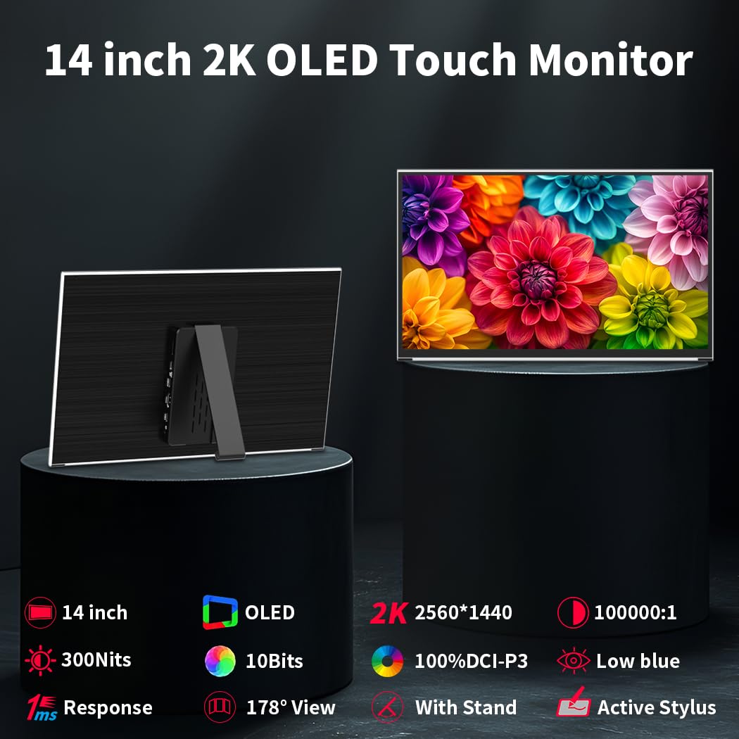 Przenośny wyświetlacz OLED, przenośny monitor 14" 2K| 2560 x 1440 | 100% DCI - P3, 10 bitów, uchwyt pióra AES | VESA|stojak | Wyświetlacz 1MS HDMI USB typu C Ekran do laptopa/PC/Mac/konsoli do