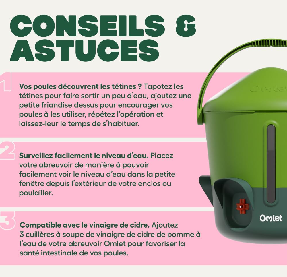 Omlet Abreuvoir isolé pour Poules 11 L | Eau Plus Propre Plus Longtemps | Distribution Automatique Hygiénique | Embouts Tasse et tétine Inclus | sans BPA | Vert Sauge