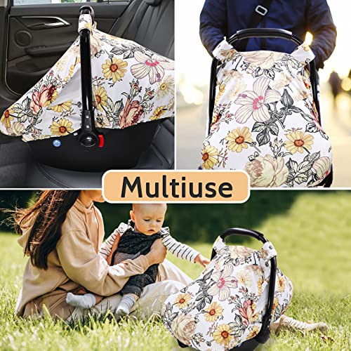 Image of Floral Baby Car Seat Cover for Girl,Infant Carseat Canopy Sun Cover,Baby Carrier Cover with Zipped Peep Windows and Breathable Mesh, Stretchy 3in1Multi-use Stroller Cover