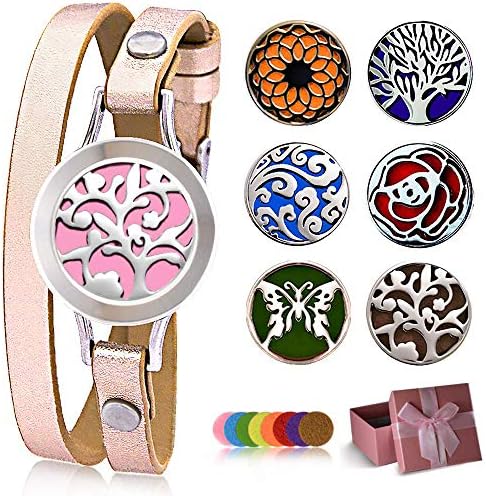 Carmel Essential Oil Diffuser Bracelet, 48 styles from 6 Faces 8 Color Pads (Extended Edition), Stainless Steel Aromatherapy Locket Bracelets Leather Band Rose Gold, Jewelry Gift Set for Women Girls.