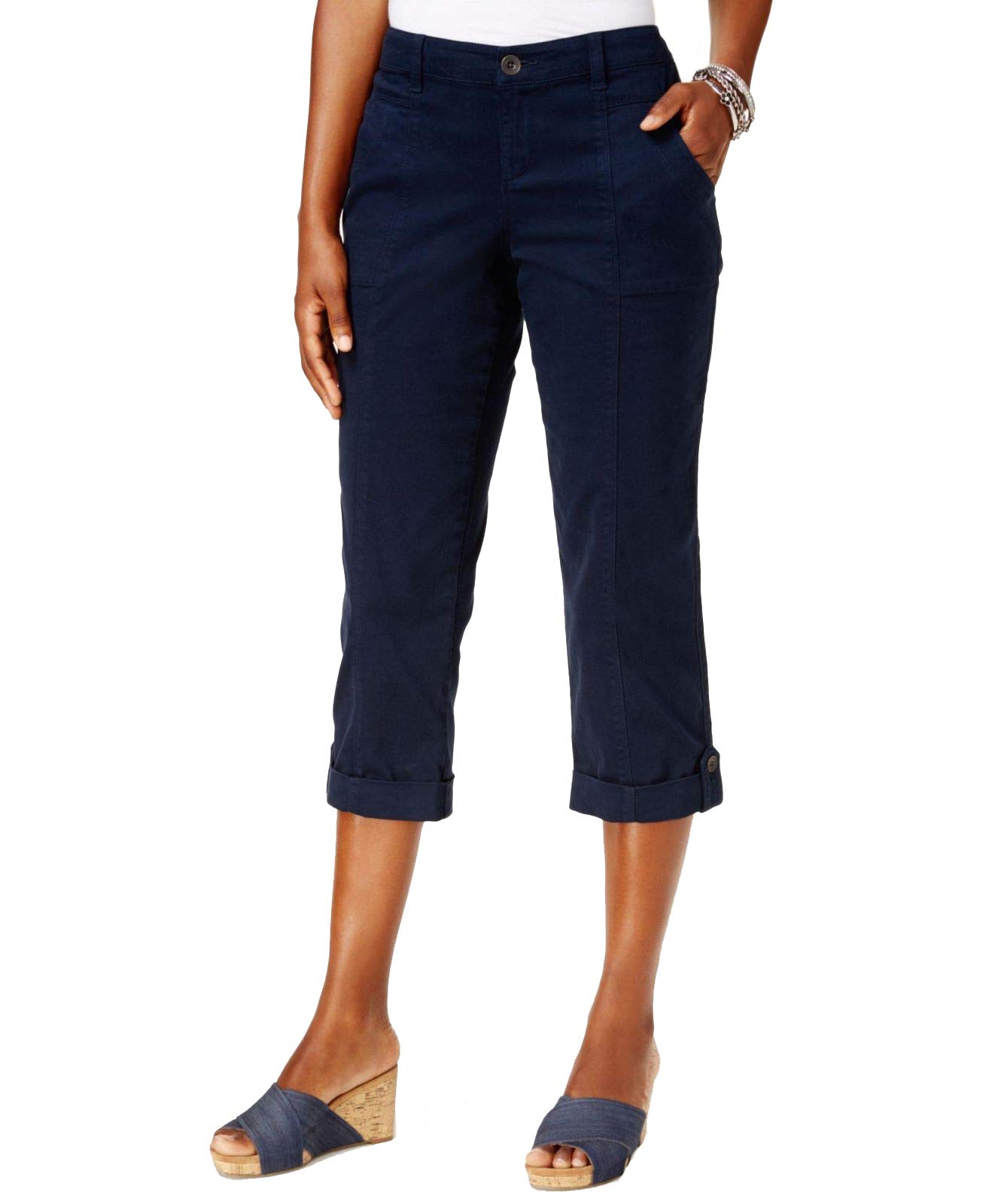 Style Co Womens Blue Mid Rise Button-Cuff Capri Cropped Pants 6