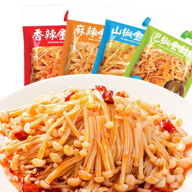 Hongos Enoki picantes, tira picante, bocadillos, repollo picante, champiñones listos para comer, brote de bambú encurtido, salsa de chile champiñón