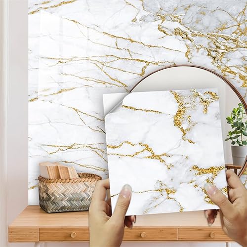 Tile Stickers Light Luxury Gold White Peel and Stick Floor Tiles PVC Stick on Bathroom Tiles Waterproof Wall Tile Stickers Kitchen Stick on Tiles Oilproof Stick-on Tiles Self Adhesive 10x10cm/10 Pcs